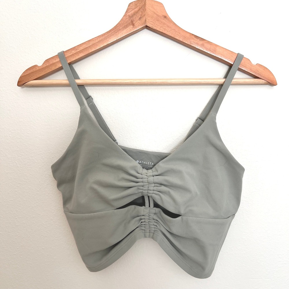 Athleta Ruched Front Cutout Sports Bra Sage Green Small Adjustable Straps Yoga
